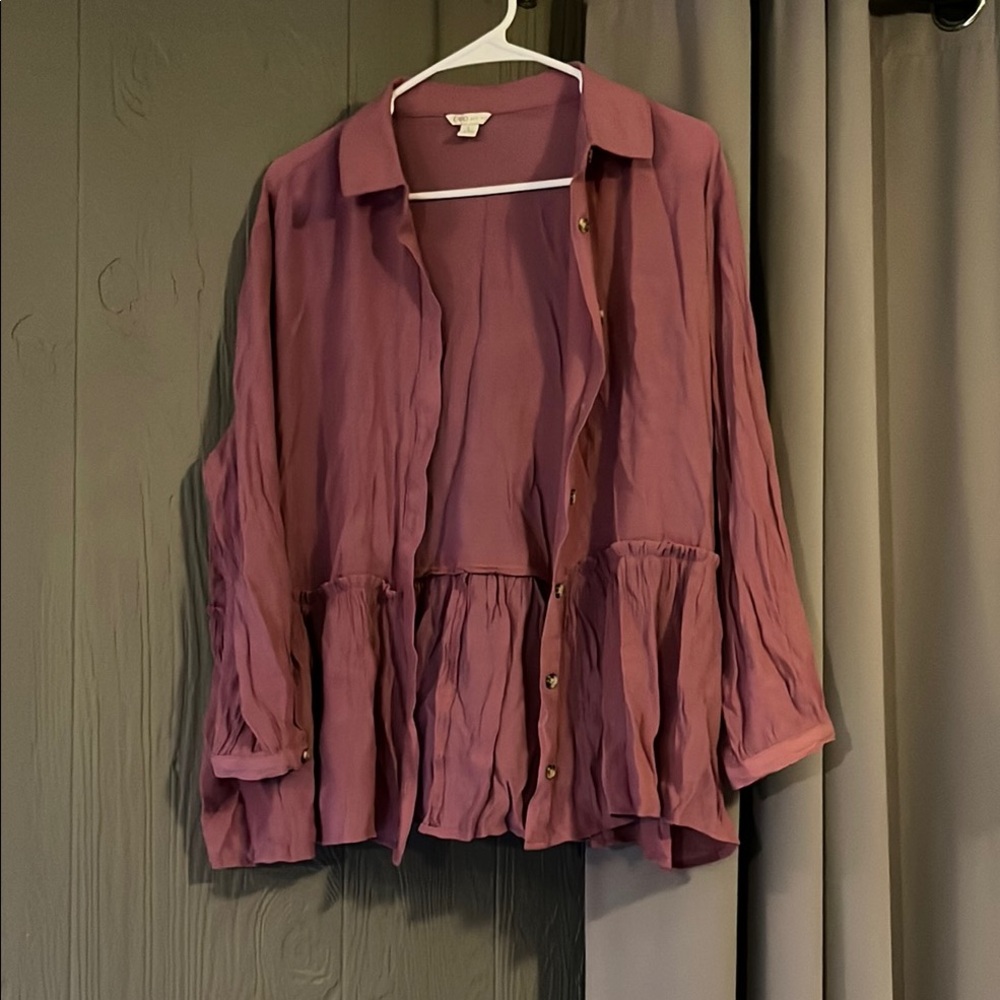 Cato Large Women's Mauve Button-Up Top peplum gauze